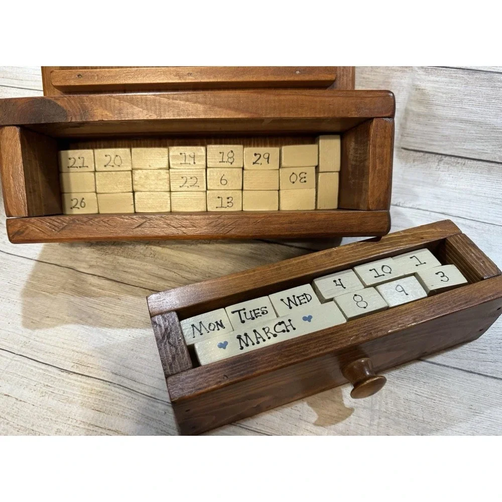Complete Vtg Country Farmhouse Wooden Perpetual Calendar with Drawer Cottagecore